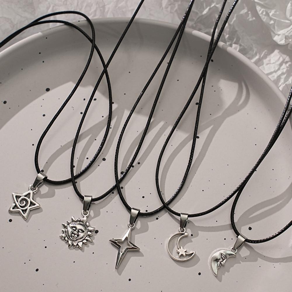 Y2K punk star moon sun metal pendant necklace, unisex, hip-hop personality trend pendant, simple wax rope necklace, jewelry