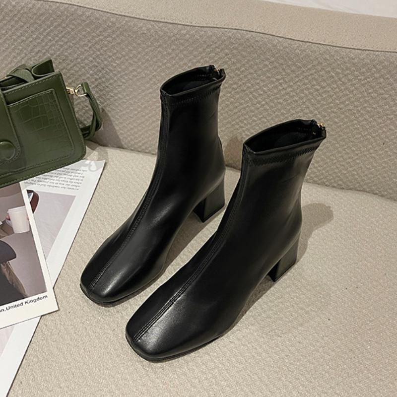 Fashion Women's Temperament Square Toe Short Boots 2024 Spring and Autumn New Style White Thick Heel Fashion Simple Single Shoes Summer