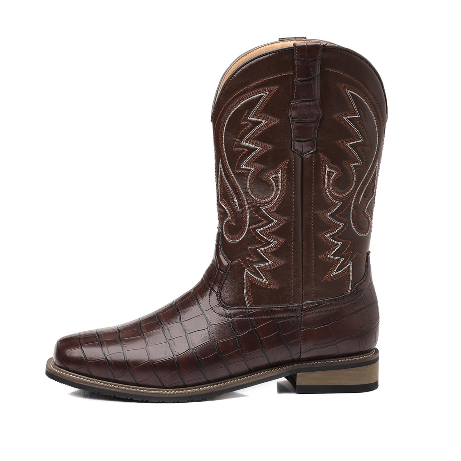 Мужские длинные сапоги в стиле ретро, имитация крокодиловой кожи Camon, ковбойские сапоги, ковбойские сапоги с широким носком 38 коричневый