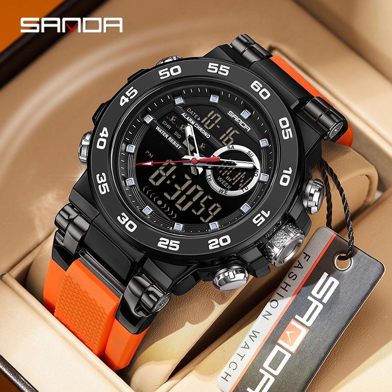 Sanda Multifunctional Men s Dual-Movement Watch: 3-Time Zone, Alarm, Waterproof, Luminous, and Fashionable.
