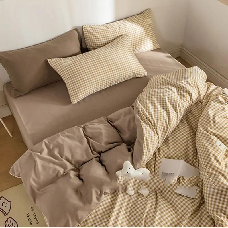 Japanese Grid Printed Washed Bedding Set Skin-Friendly Breathable Quilt Cover Sets for All Seasons Queen King Size Bedclothes