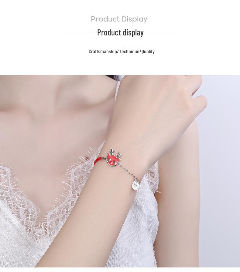 S925 Sterling Silver Antler Bracelet with Temperature-Sensitive Color Change, Woven Red Rope, Chinese Style Women's Christmas Jewelry Gift.