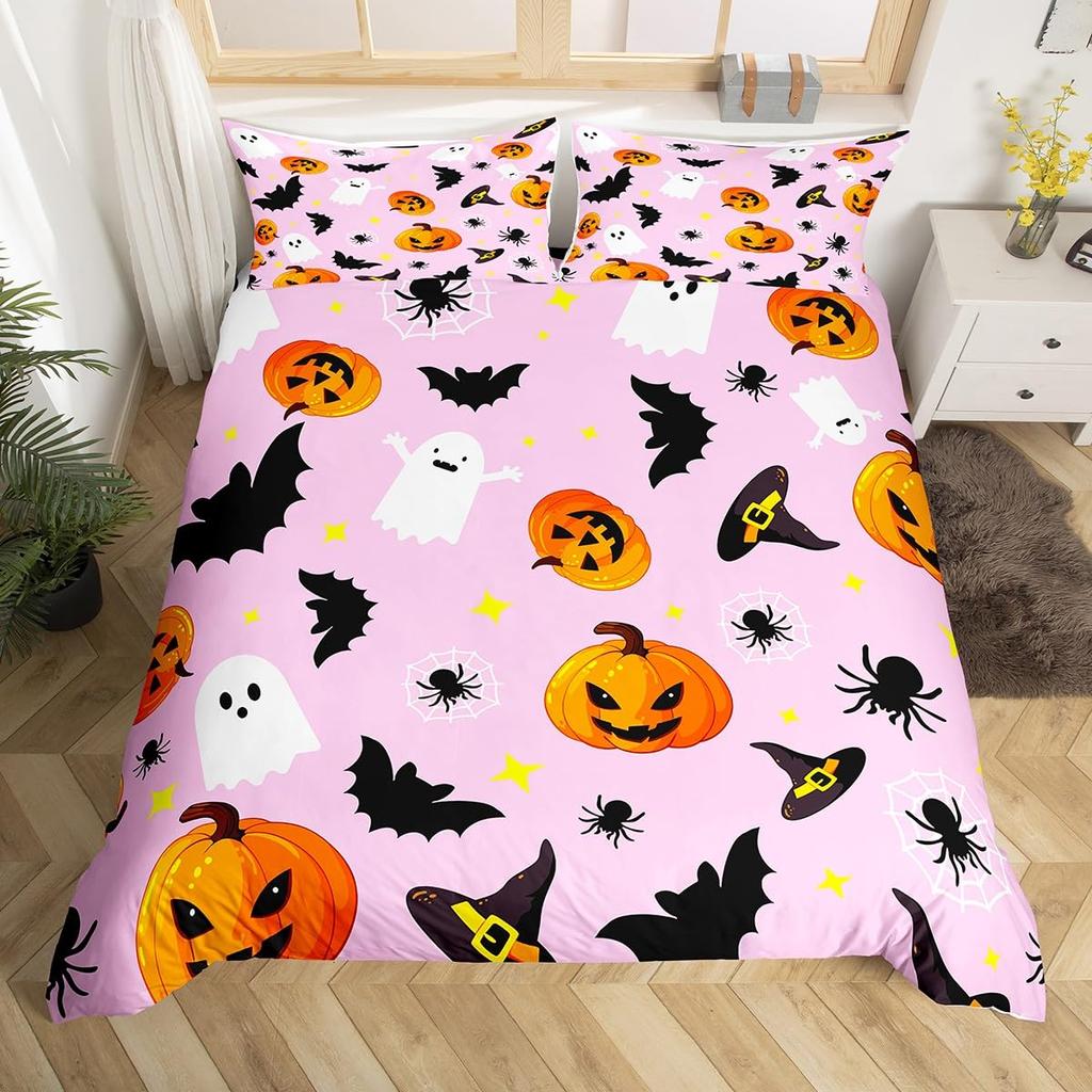 Cute Ghost Duvet Cover Halloween Theme Yellow Bedding Set Pumpkin Lantern Floral Ghosts Comforter Cover Polyester Quilt Cover