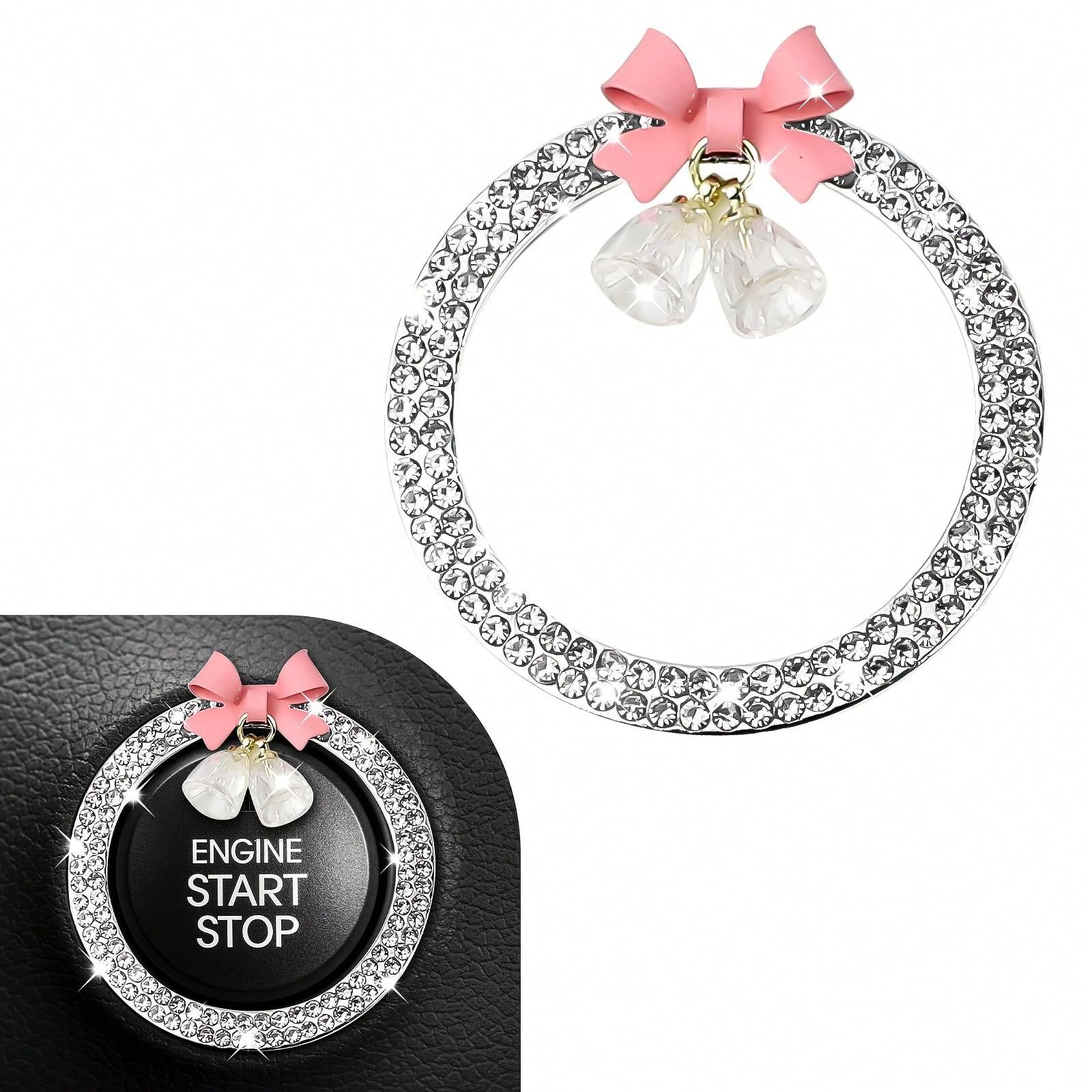 

2pc Car One Click Start Decoration Circle Double Row Crystal Bowknot Fire Ring Ignition Switch Button Decoration 2PC