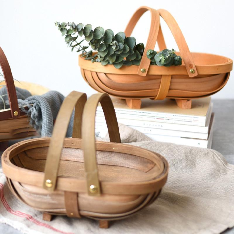 

1 шт. Портативная корзина для цветов из натуральной щепы для пикника с ручкой для фруктов