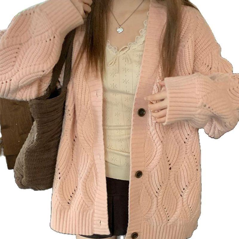 Women's Pink Knit Cardigan Sweater Coat - Korean Style, Loose Fit, Autumn/Winter.