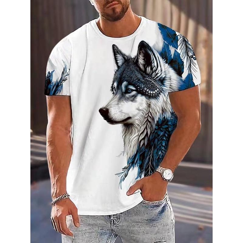Men's T-shirt Wolf Print Casual Streetwear Fashion Short-sleeved Pullover Summer Outdoor Sports Top Tee Oversized Clothing