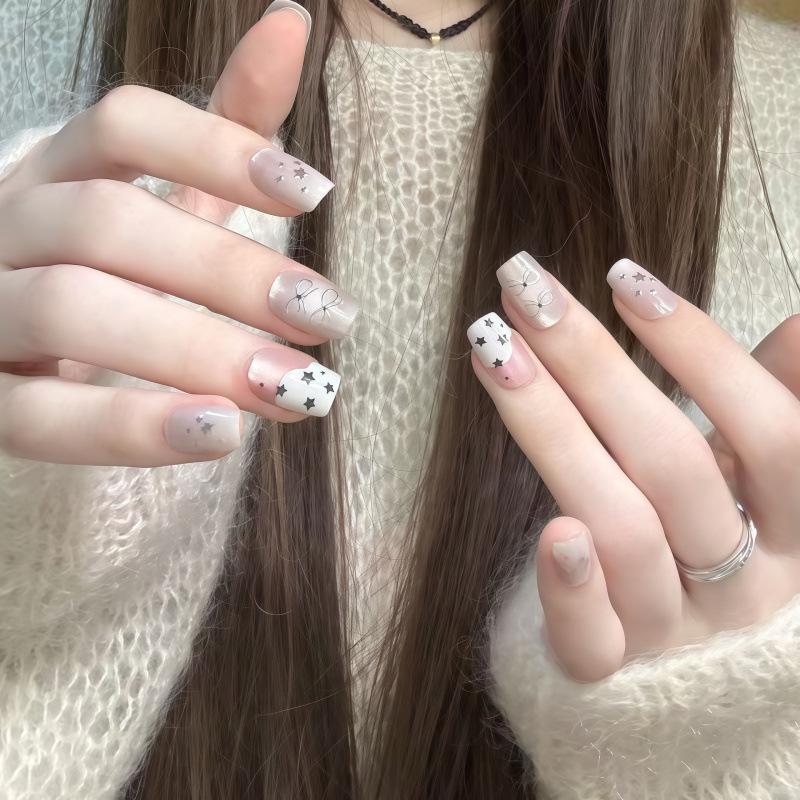 Cream Gradient Star Bow Nude Press-On Nails - Short, Gentle, Removable Nail Art Stickers