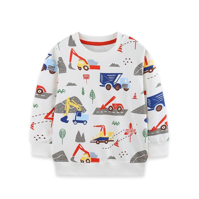 Boys' Autumn Construction Vehicle Hoodie - European & American Style, Round Neck Base Layer