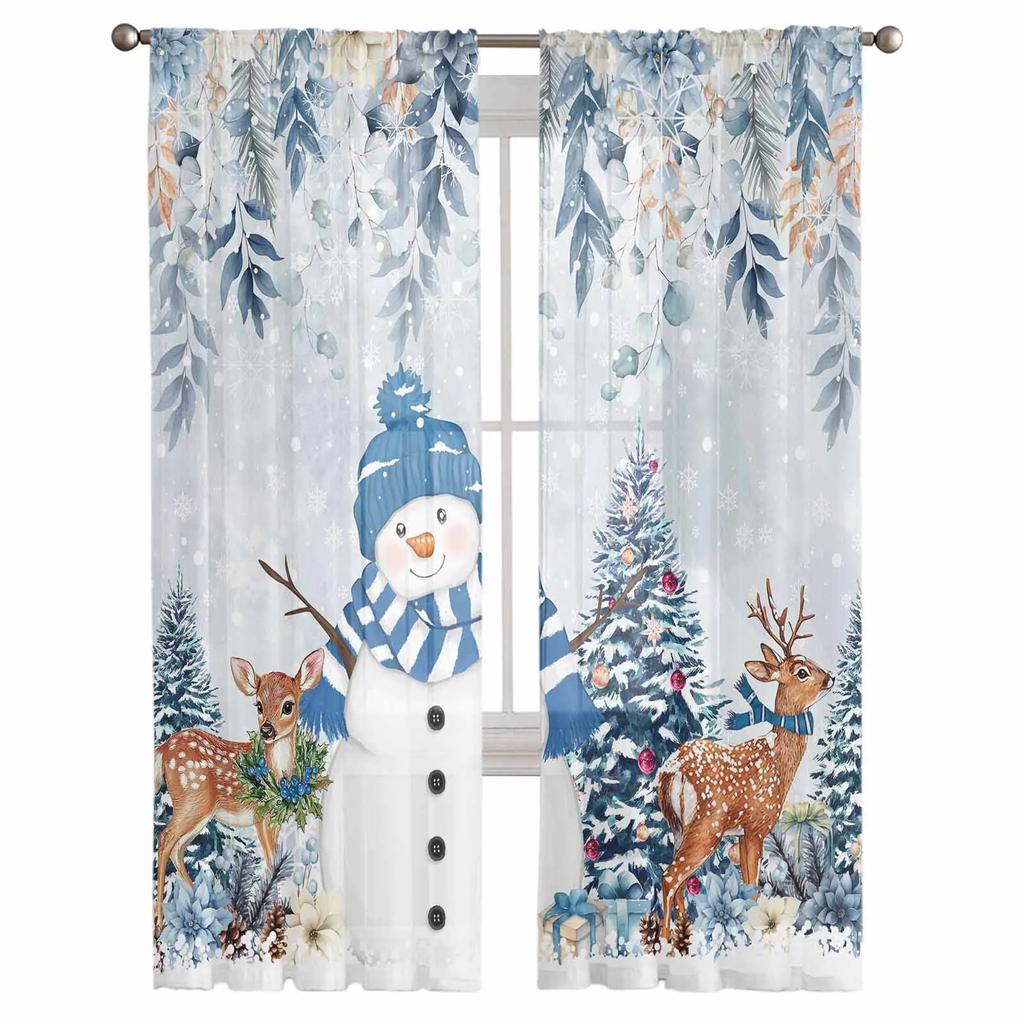 Weihnachten Winter Schneemann Poinsettie Transparente Vorhänge zur Wohnzimmerdekoration Fenstervorhänge Küche Tüll Voile Vorhänge