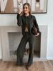 Russian and European style solid color long-sleeved zipper cardigan knitted suit + wide-leg trousers two-piece women's clothing
