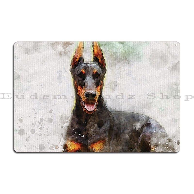 Classy Doberman Pinscher Dog Watercolour Digital Portrait Metal Plaque Garage Character Classic Poster Bar Tin Sign Poster