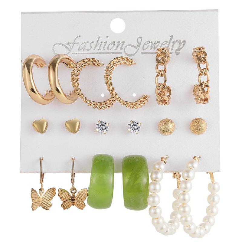 Leopard Print Multilayer Butterfly & Heart Earrings Set: Retro Geometric Circle & Pearl Design, 6-Piece Collection