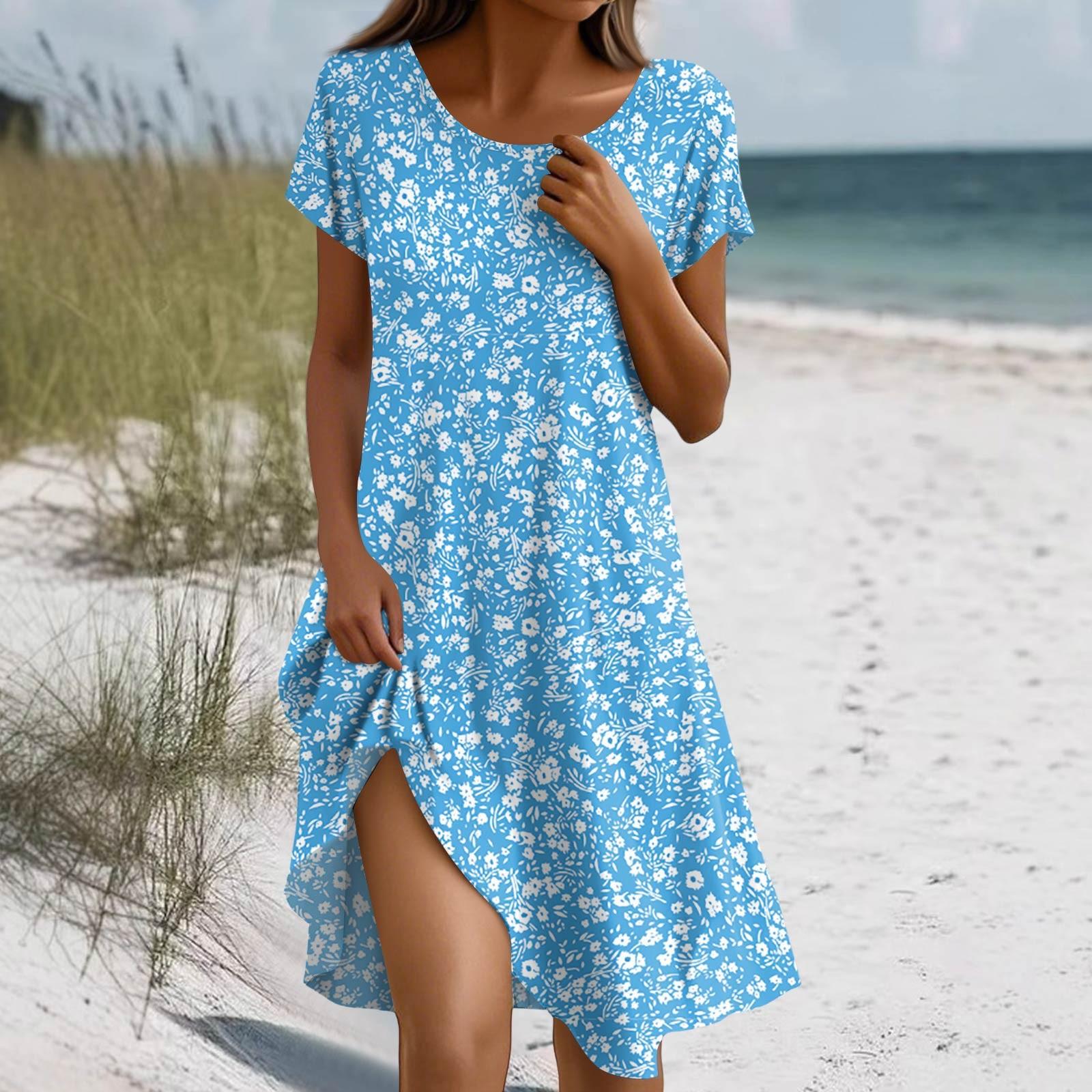 

Платье в стиле бохо с коротким рукавом для женщин, повседневное, свободного кроя, летнее, сарафан с цветочным принтом и карманами XL