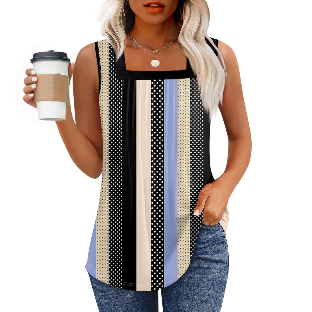 Tank Top für Damen, Sommer-Outfits, ärmellos, bedruckt, Blusen, lässig, lockere Hemden, plissiert, quadratischer Hals