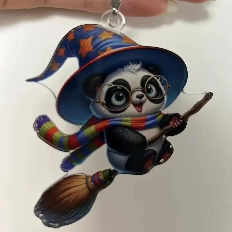 Flat Surface Acrylic Pendant With Magic Panda Riding Broom Design For Christmas