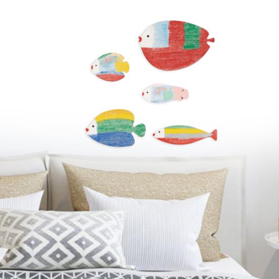 5 Pcs Wooden Fish Nautical Beach Wall Decor Coastal Wood Hanging Fish Wall Art Rustic Ocean Lake House Wall Sculpture for Bathroom Home Decor