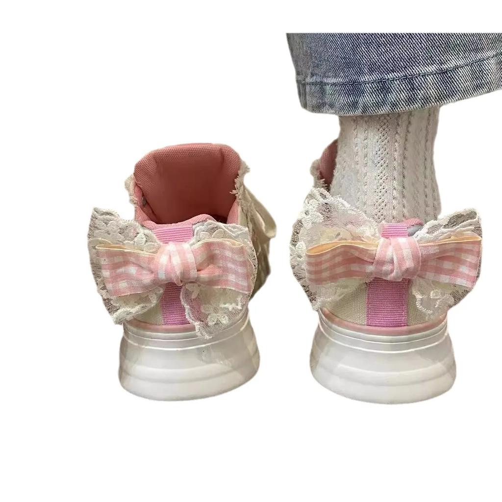 Candy Pink Canvas Shoes for Women Spring Autumn New Designer Causal Lace Bow Platform Women's Vulcanize Shoes