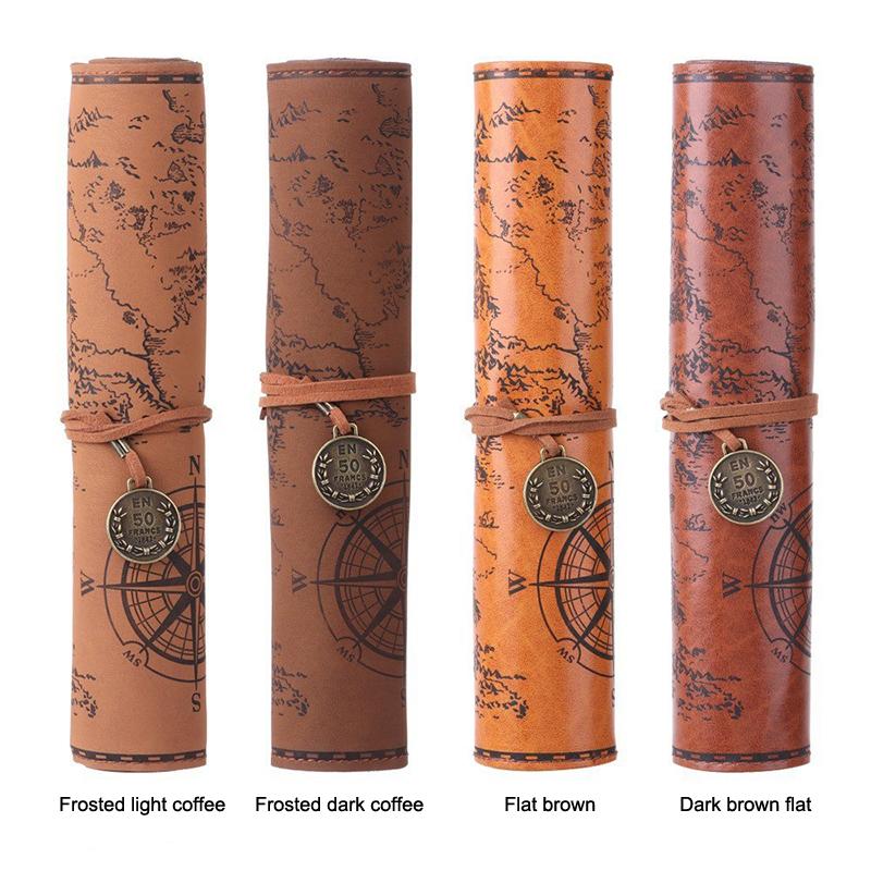 Leather Roll-Up Pouch W/ Embossed Buckle Vintage Treasure Map Pencil Case Large Capacity School Office Organizer