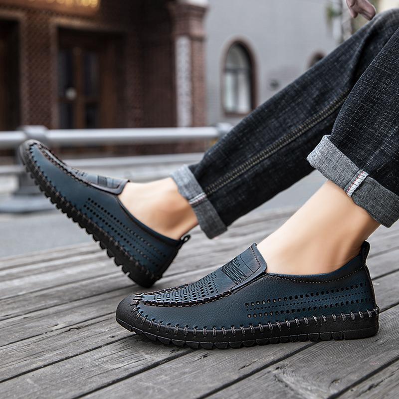 Men Loafers Brown Hiking Shoes Slip On Handmade Driving Shoes Casual Leather Wide Outdoor Summer Shoes for Father Plus Size