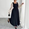 New Stylish Square-neck Puffed Sleeve Mesh Patchwork Dress for Women