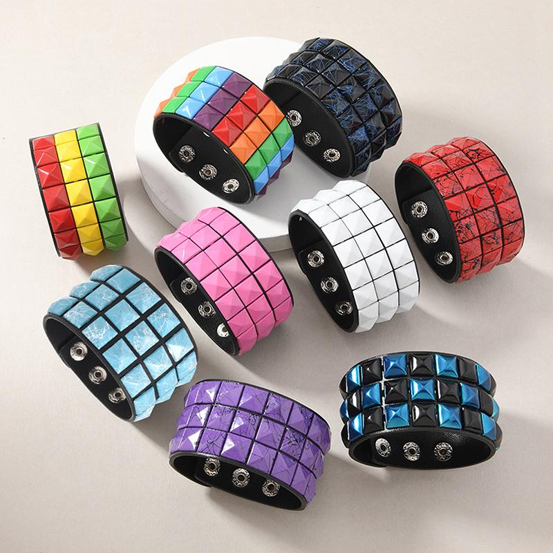 Punk Hip-Hop Three Rows Of Square Rivets Pu Leather Big Wide Bracelet For Male Female Buckle Wristband Vintage Jewelry