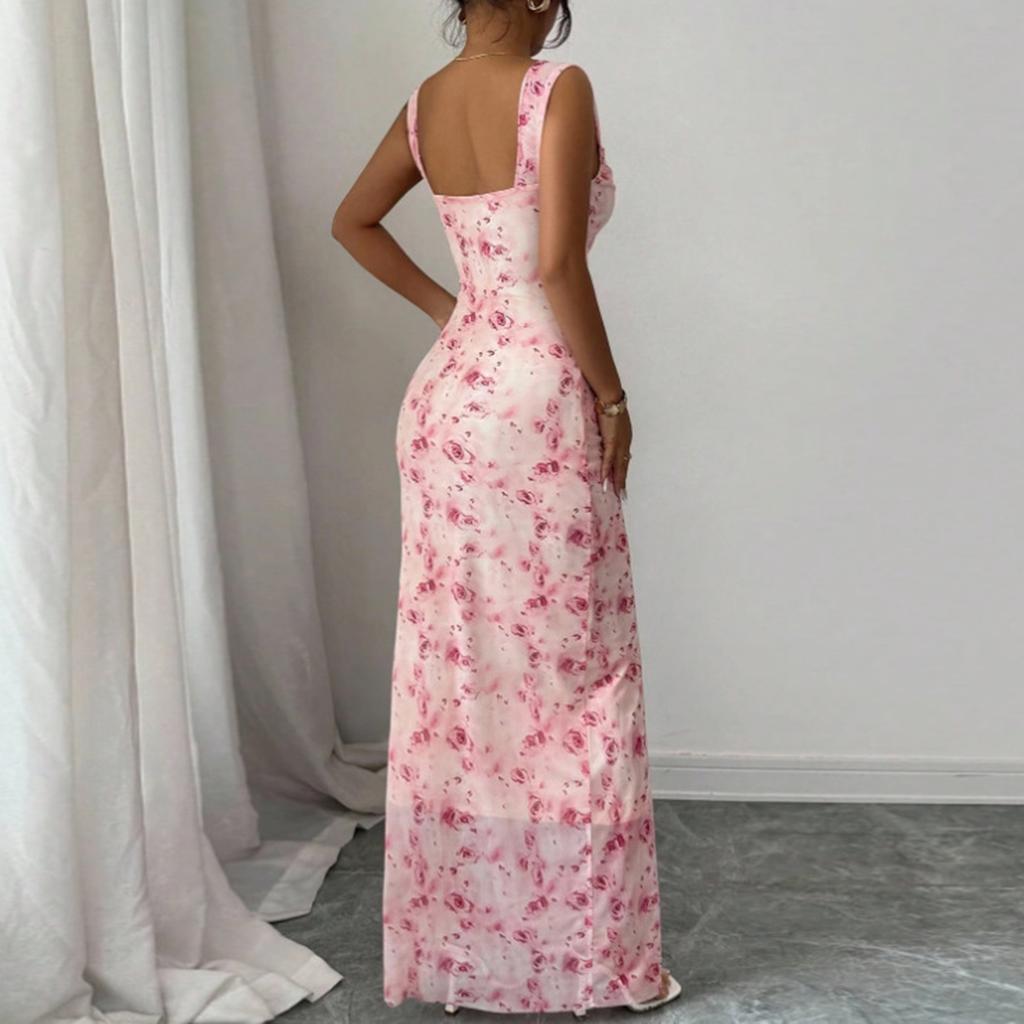 Abito Maxi Bodycon da Donna Senza Maniche Scollatura sulla Schiena Stampa Floreale Scollo Quadrato Aderente Lungo per Uso Casual e da Festa