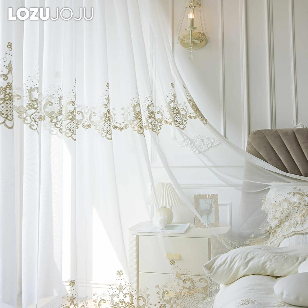 1PC LOZUJOJU French Style Gold Thread Embroidered Sheer Curtain Romantic Style Luxury Tulle for Living Room Bedroom Balcony Window Home Decor
