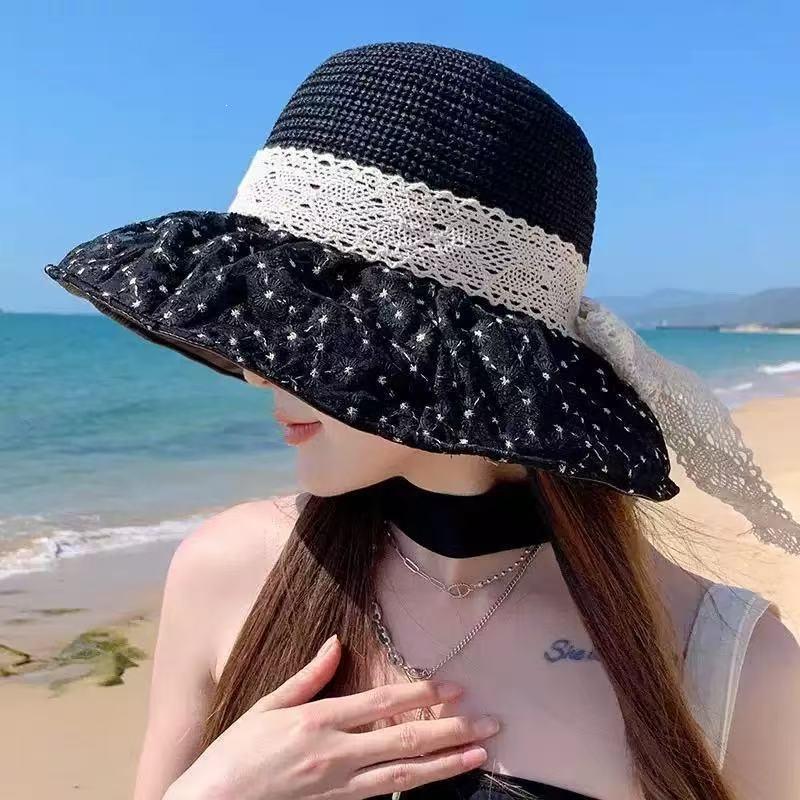 Lace Big-brimmed Straw Hat Bow Hat Women's New Summer Sunscreen Straw Hat Seaside Vacation Sun Hat