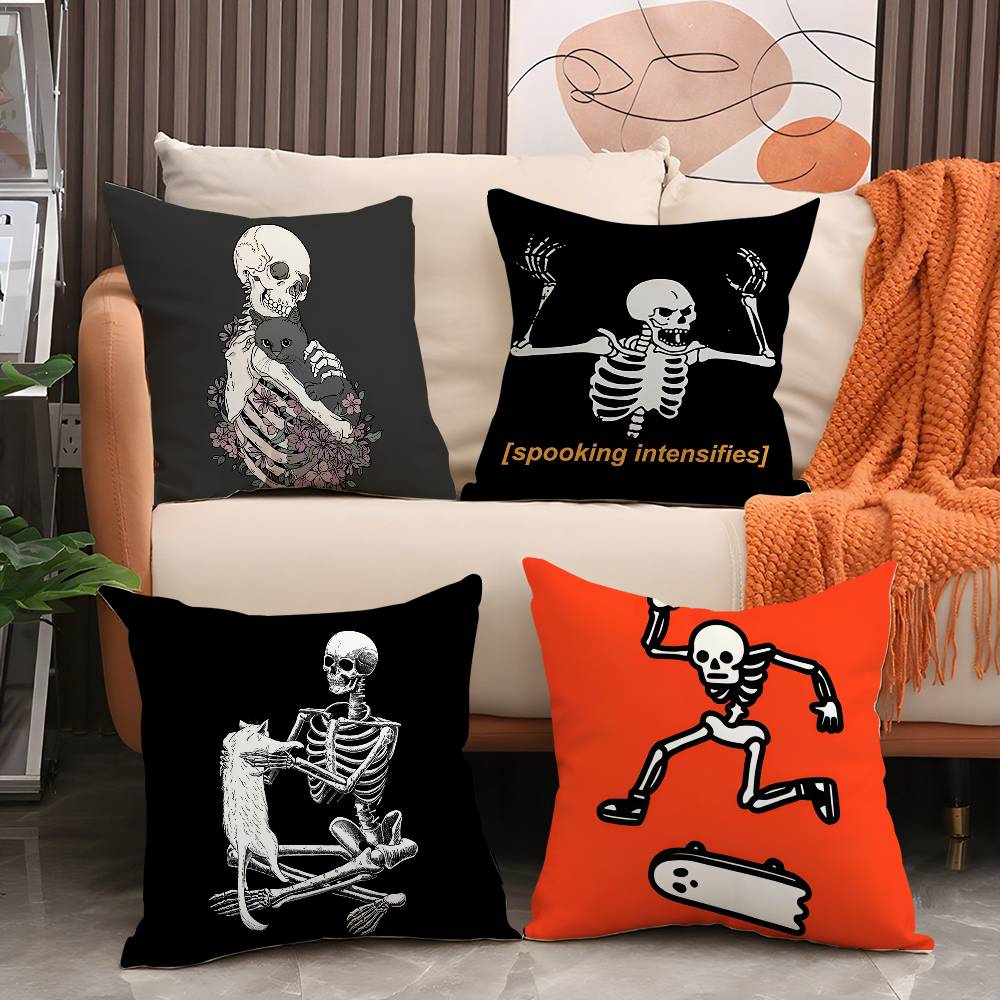 Creepy Skeleton Cat Halloween Pillow Case Short Plush Double-Sided Print Square Throw Pillow Covers Sofa Home Cushion Decor