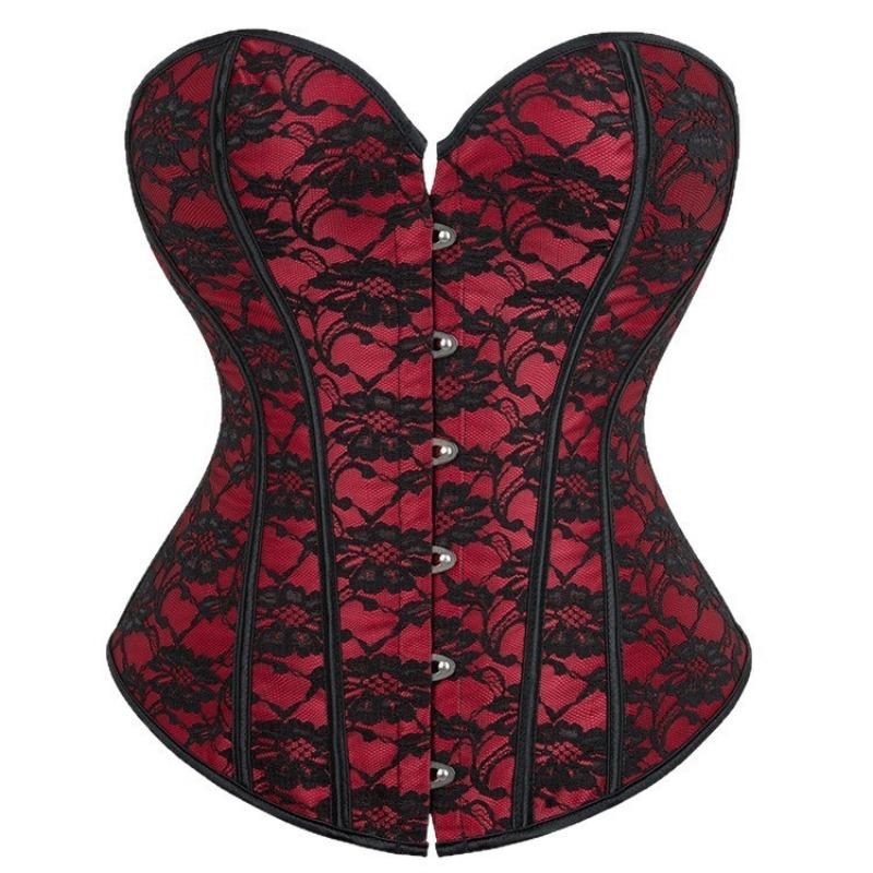 

Vintage Oil Painting Tapestry Strapless Corset Top with Ruffle Trim Bow Front Hook Boned Bustier for Women M червоний