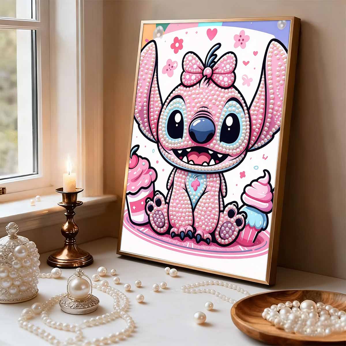 

Pink Bow Cupcake Stitch New Pearl-Inlaid Frameless Art | Handmade Pearl Craft, Pink Cupcake & Heart Flower Theme, for Cute Dopamine Decor 35x45cm