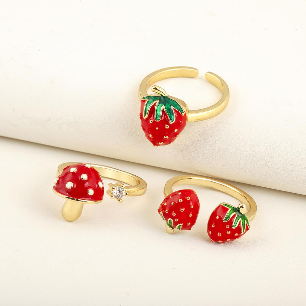 Nidin New Arrival Sweet Cute Strawberry/Mushroom Design Open Rings Adjustable For Women Female Delicate Drip Oil Finger Jewelry