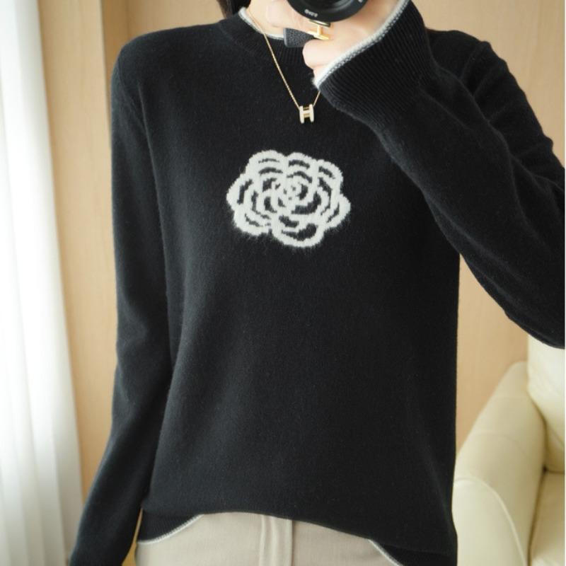 Women's Fashion Casual Flower Pattern Print Autumn Winter Long Sleeve O-Neck Loose Sweaters