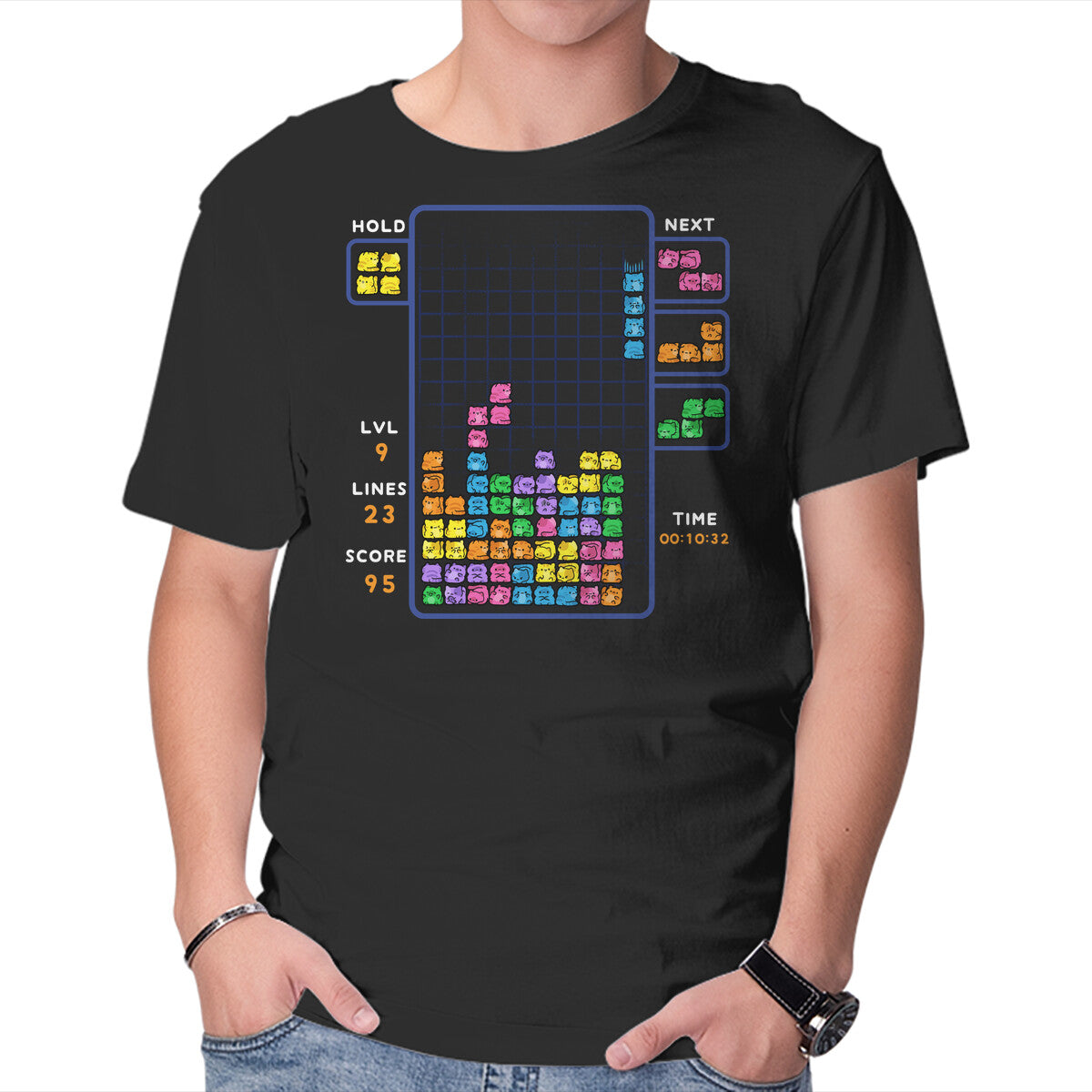 Unisex Crew Neck T-Shirt Tetris Cats Graphic Short Sleeve Casual Tee XXL