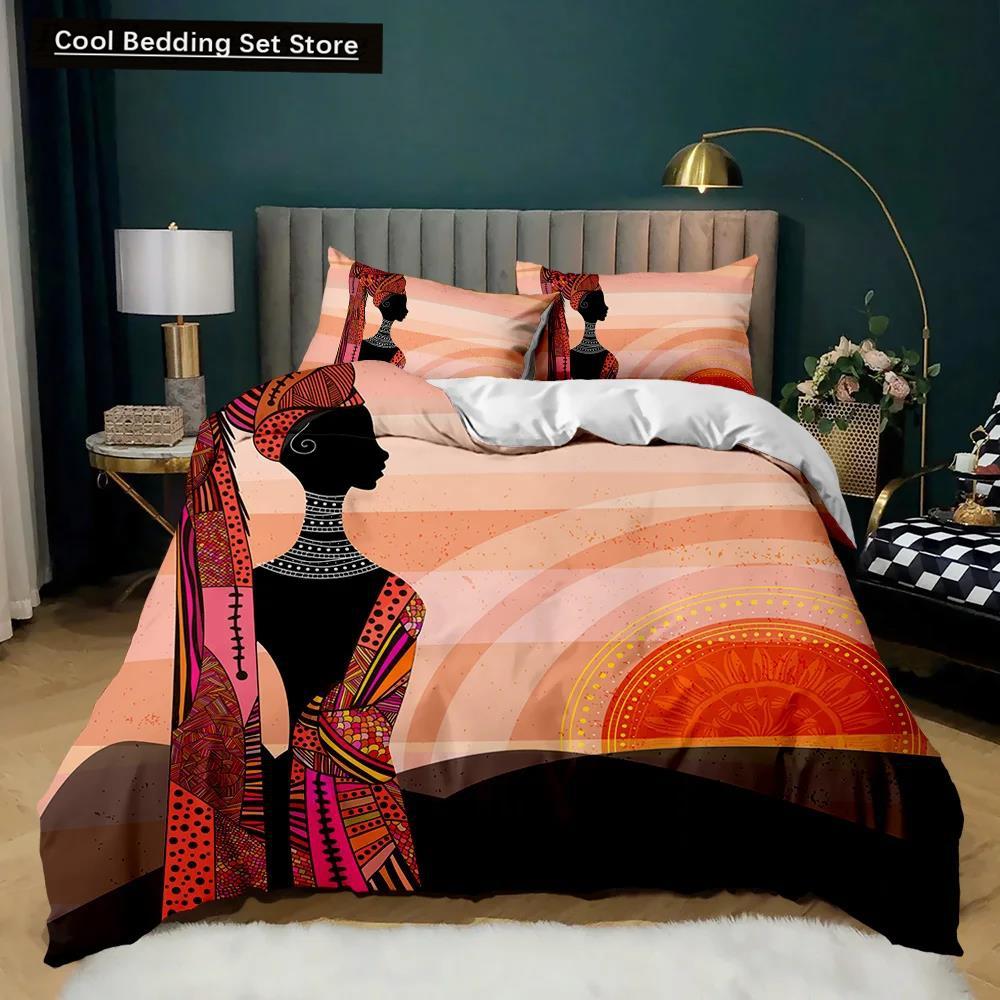 African Woman Duvet Cover Set African Stripe Twin Bedding Set Ethnic Afro Traditional Exotic Queen King Polyester Qulit Cover