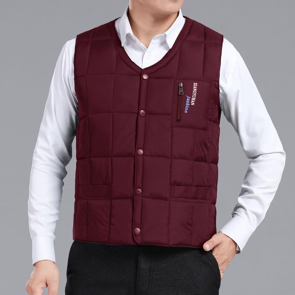Winter Men's Vest Casual Padded Plush Single-breasted Sleeveless Winter Jacket Fashion V-neck Warm Fishing Vest Clothing