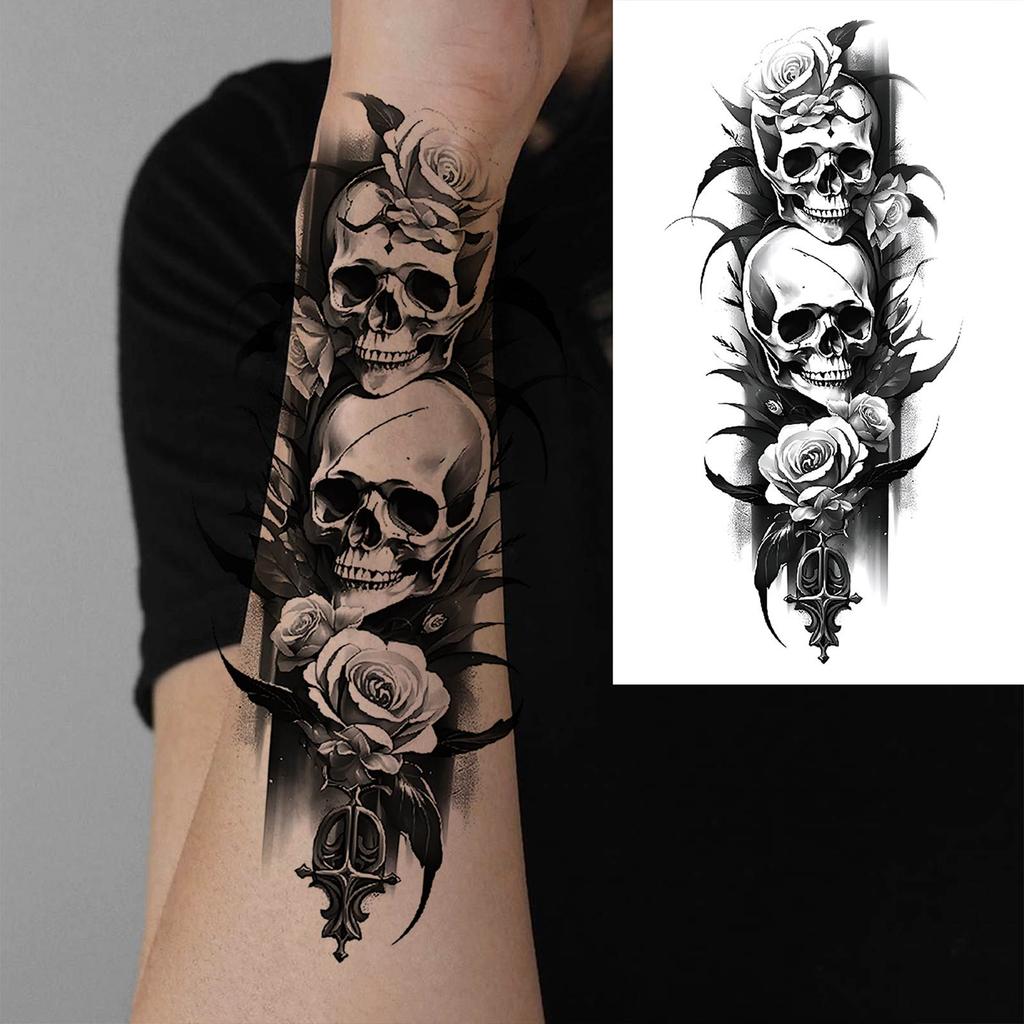 1 Sheet Death Skull Fake Folwer Skeleton Temporary Tattoos For Women Men Adults Evil Devil Tattoo Sticker Rose Peony Flora Leaf