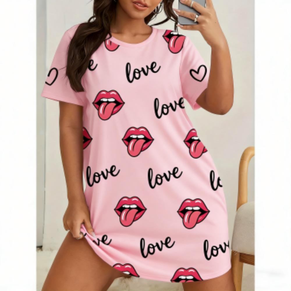 Sexy Lips Print For Women Short Sleeve Sleepwear Dresses Loose Casual Fit Tee Nightwear Home Clothes Nightie Loungewear Dresses