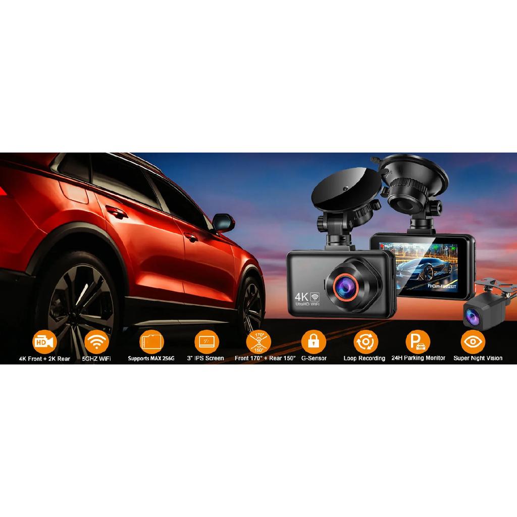 4K+2K Front and Rear Dash Cam Built-in WiFi 3 Inch IPS Car Video Camera WDR Night Vision G-Sensor 24H Parking Mode APP Control