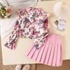 Ensemble de mode d'automne pour filles: Ensemble Top à Manches Longues Imprimé Floral pour Enfant + Jupe Plissée Unie