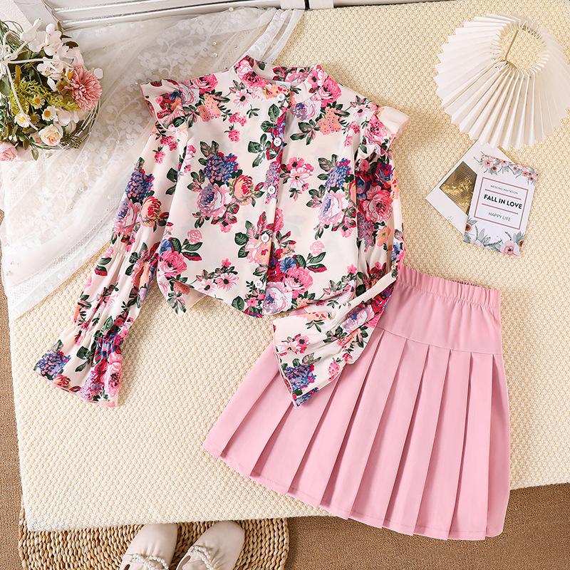 Girls Fall Fashion Set: Children s Floral-Print Long-Sleeve Top + Solid-Color Pleated Skirt Set 130cm=8Y розовый