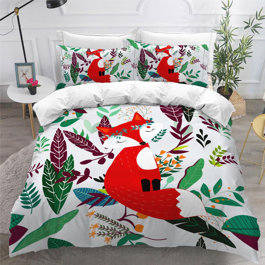 Cute Cartoon 3D Red Fox Digital Printing Three-Piece Set Size Quilt Cover Pillowcase