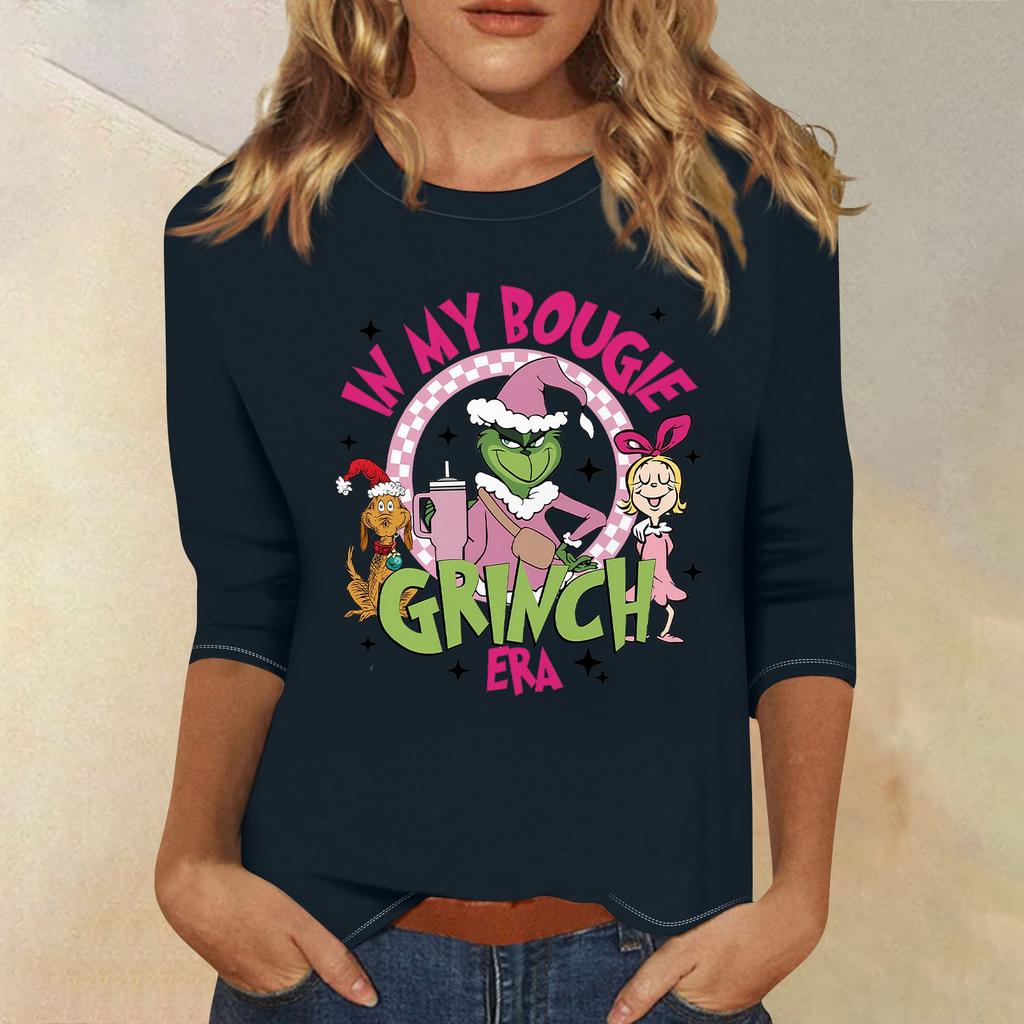 3/4 Sleeve Tops For Women T-Shirt Casual Christmas Print Tops T Shirt Round Neck Pullover Blouse