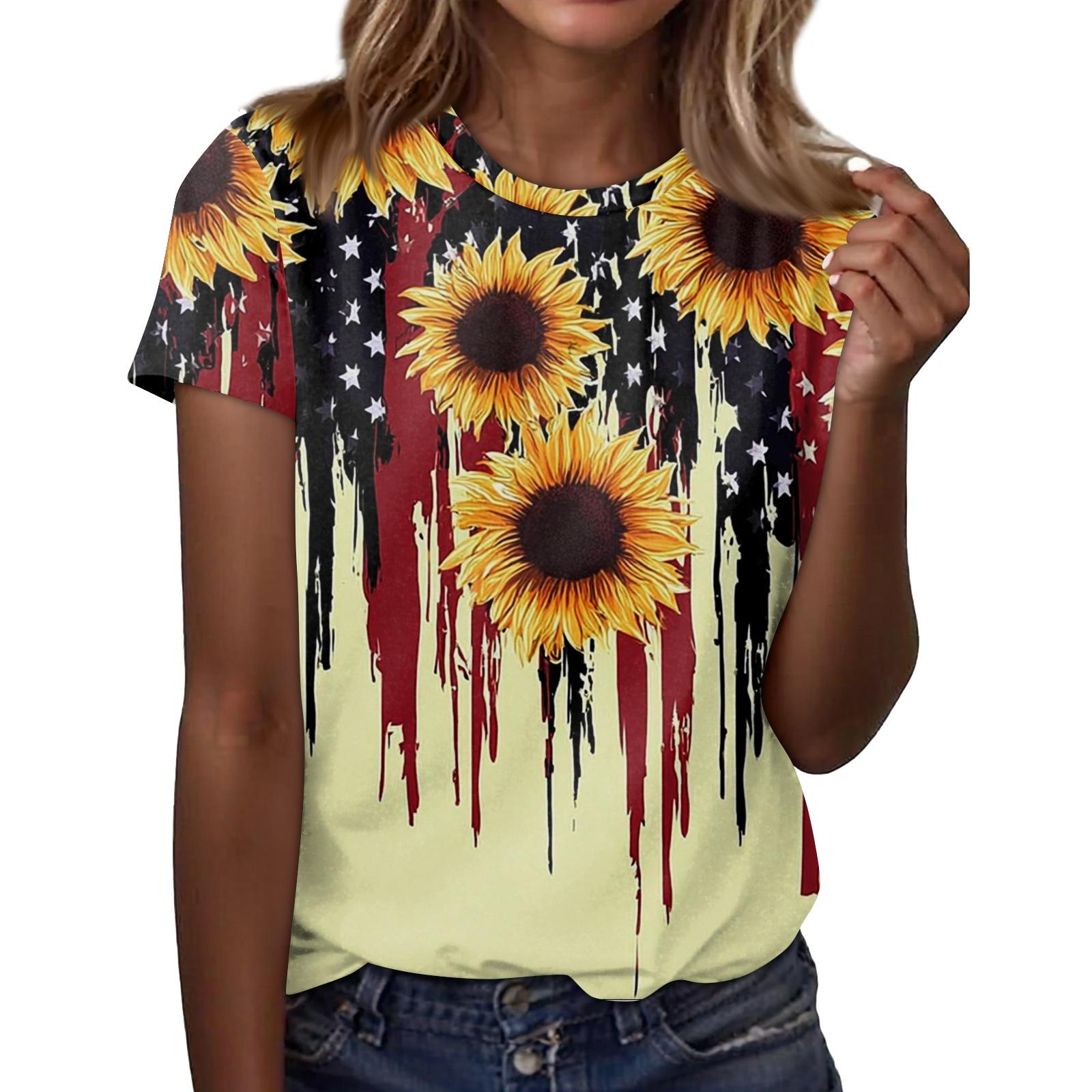 

Women s Round Neck Independence Day Print Lightweight Spring/Summer Top XL жовтий