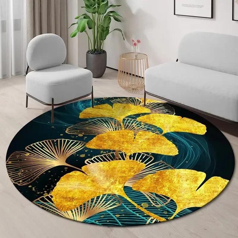 Goldenes Ginkgoblatt Runder Teppich Abstrakt Geometrischer Bereichsteppich für Wohnzimmer Schlafzimmer Küche Dekorativ Rutschfest Innenbodenmatte