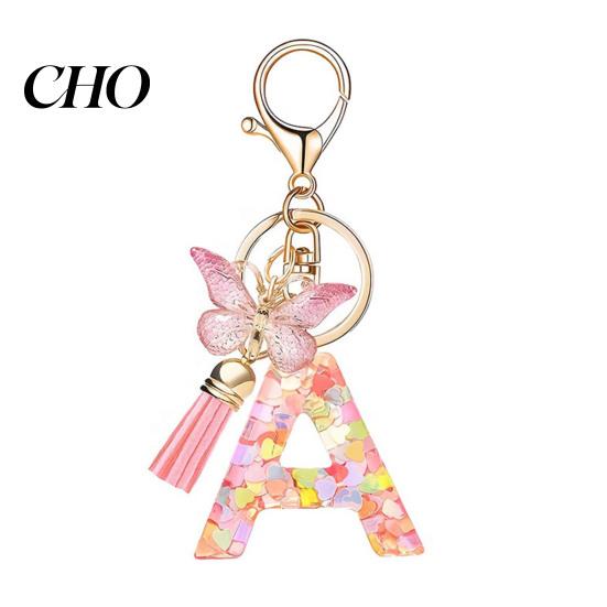 Pocket Keychain Pink Series Pendant, Sequins Heart Initial Letter Charm Key Chain with Backpack Butterfly Tassel Design, A-Z Holder for Bag