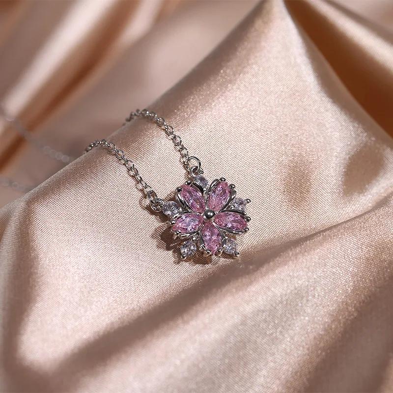 Fashion Silver Necklace for Women Shiny Pink White Zircon Cherry Blossom Pendant Luxury Pink Cherry Blossom Necklace