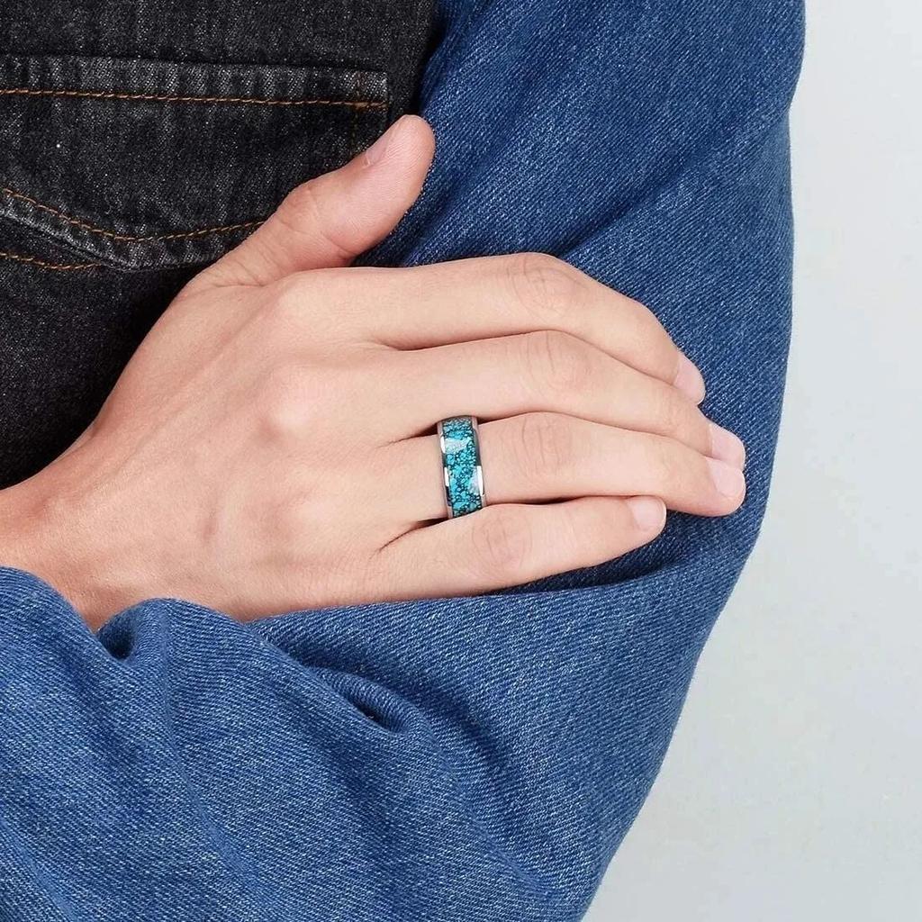 Fashion 8mm Men Stainless Steel Rings Inlay Blue Faux turquoise Stone Rings For Men Women Wedding Engagement Band Jewelry Gift