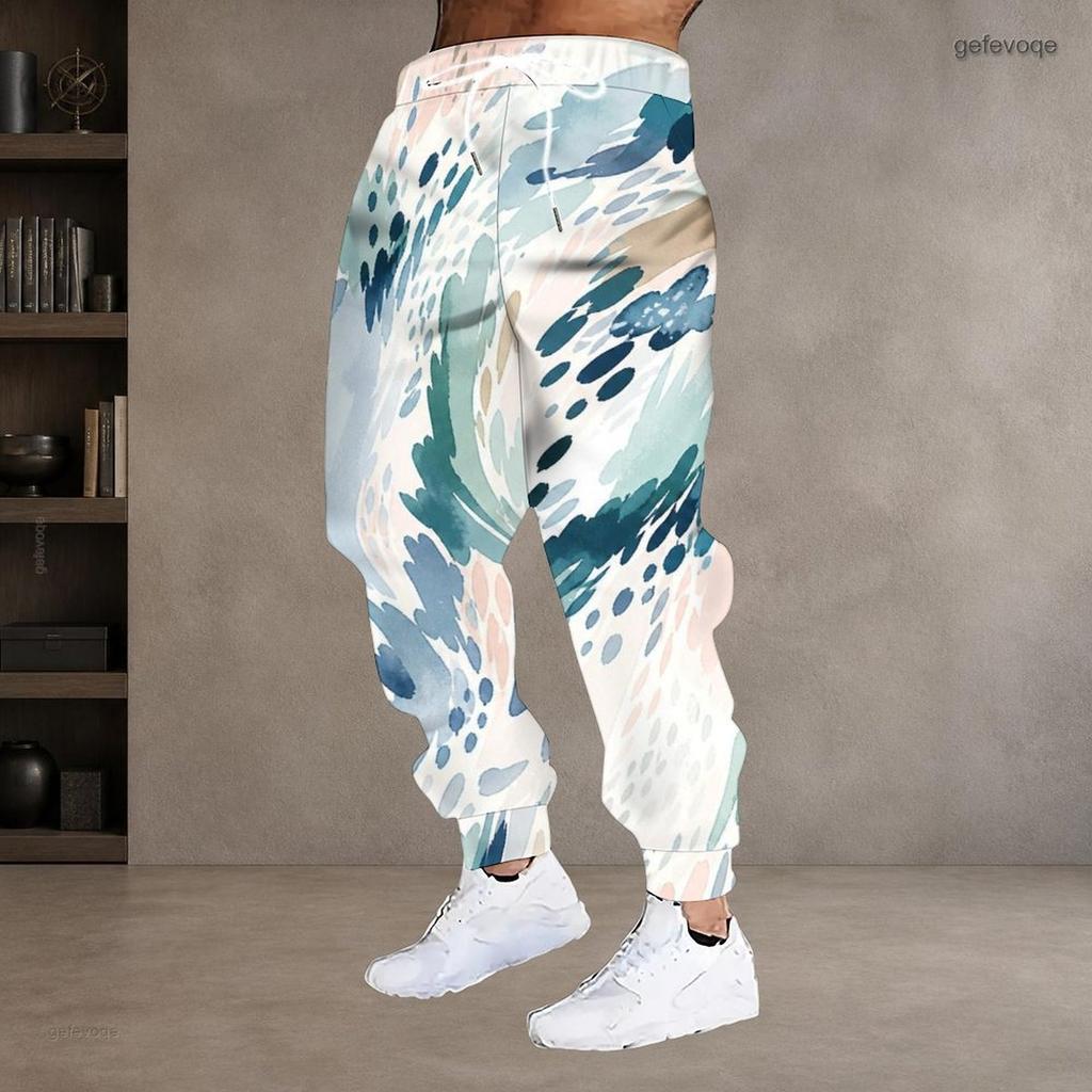 Men Plus Size Colorful Printed Drawstring Waist Side Pockets Cuffed Ankle Jogger Pants